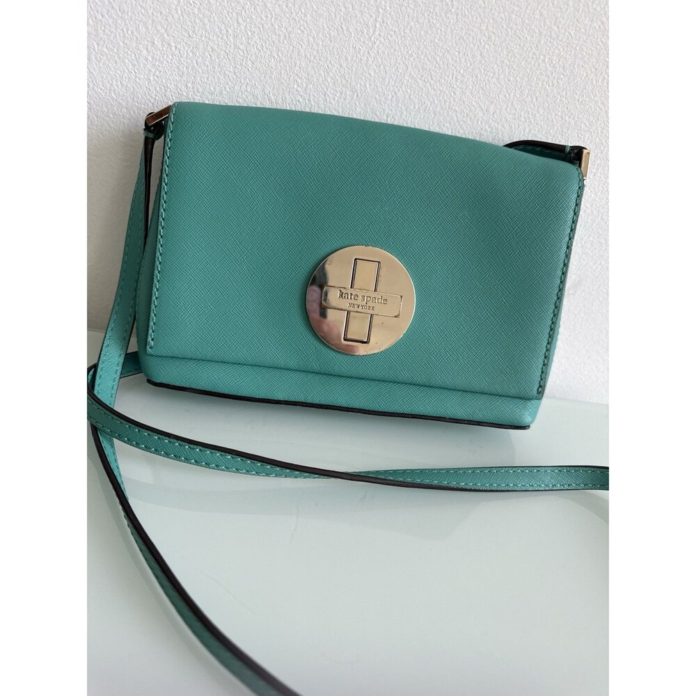 Kate Spade Crossbody Bag Green Saffiano Leather Gold Logo Small Chic
